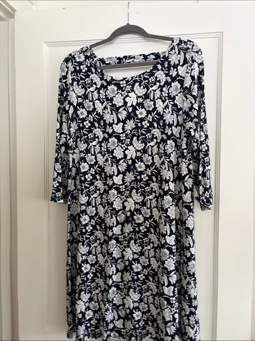 Navy and White Floral A-Line Dress with Cute Back Detail